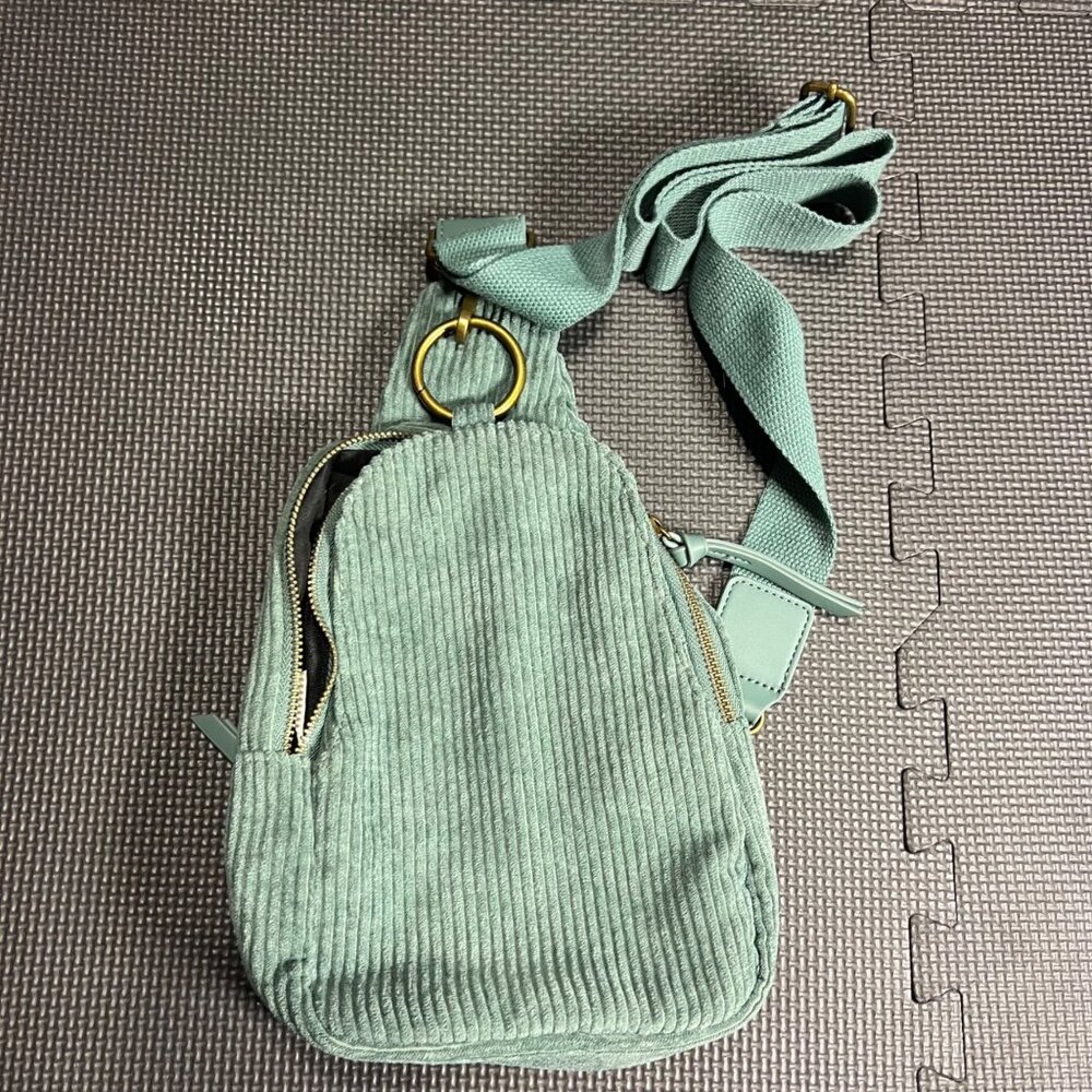 Corduroy Sling Backpack With Adjustable Strap & Gold Accents Mint Green Casual D